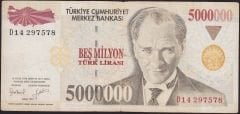 7.Emisyon 5 000 000 Lira D14 297578 Çok Temiz