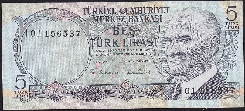 6.Emisyon 2.Tertip 5 Lira I01 156537 Çok Temiz+