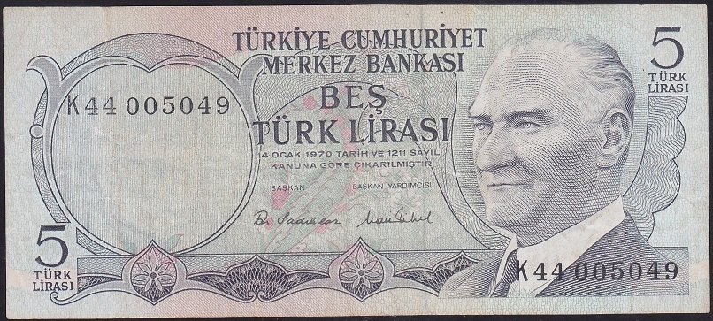 6.EMİSYON 2.TERTİP 5 LİRA K44 005049 ÇOK TEMİZ