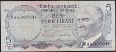 6.EMİSYON 2.TERTİP 5 LİRA K44 005049 ÇOK TEMİZ