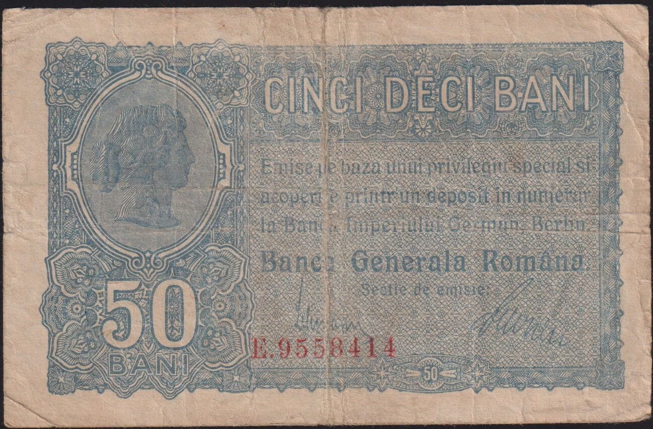 Romanya 50 Bani 1917 Çok Temiz Pick 2 Alman işgali