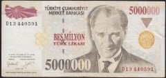 7.Emisyon 5 000 000 Lira D13 440591 Çok Temiz