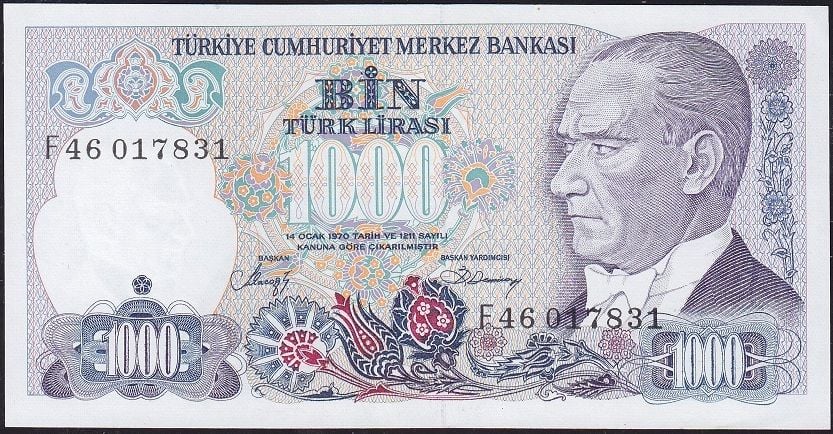 7.Emisyon 2.Tertip 1000 Lira F46 017831 Çil
