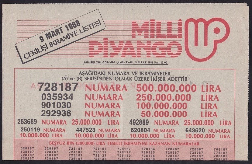 1988 9 MART PİYANGO LİSTESİ
