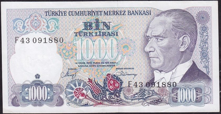 7.Emisyon 2.Tertip 1000 Lira F43 091880 Çilaltı Çil