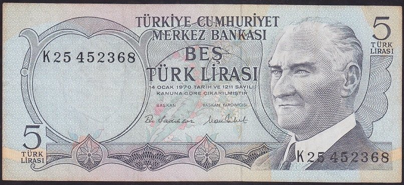 6.EMİSYON 2.TERTİP 5 LİRA K25 452368 ÇOK TEMİZ +