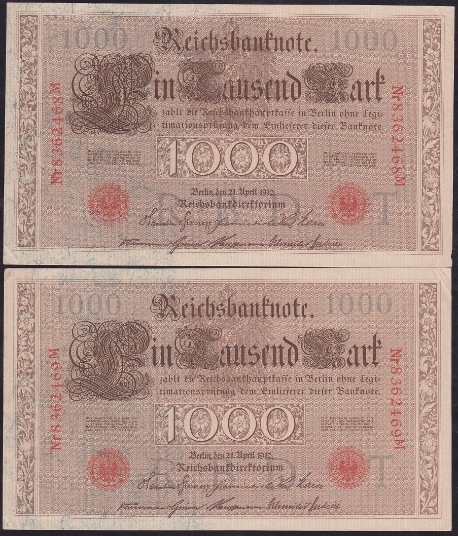 ALMANYA 1000 MARK 1910 ÇİLALTI ÇİL SERİ TAKİPLİ 2 ADET