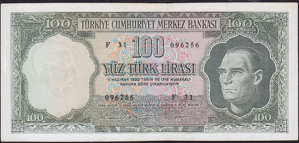 5.Emisyon 6.Tertip 100 Lira F31 096256 Çok Temiz+ ( Sol Çerçevede düzeltme var )