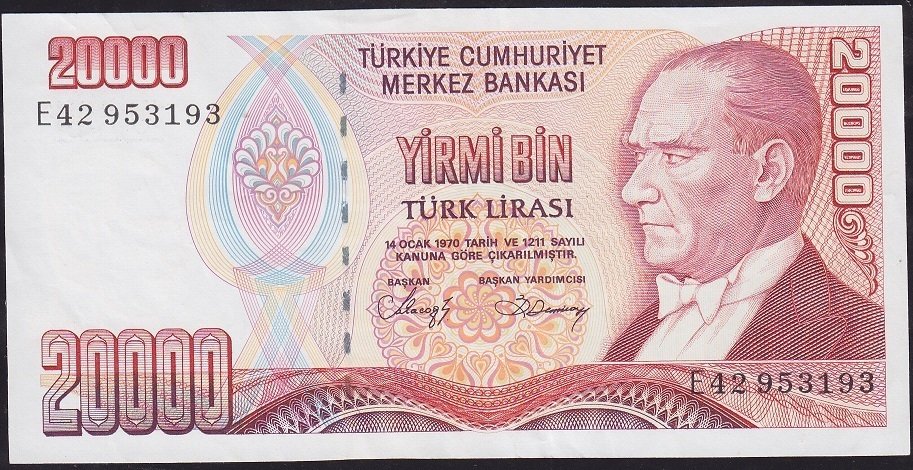 7.Emisyon 1.Tertip 20000 Lira E42 953193 Çok Çok Temiz+