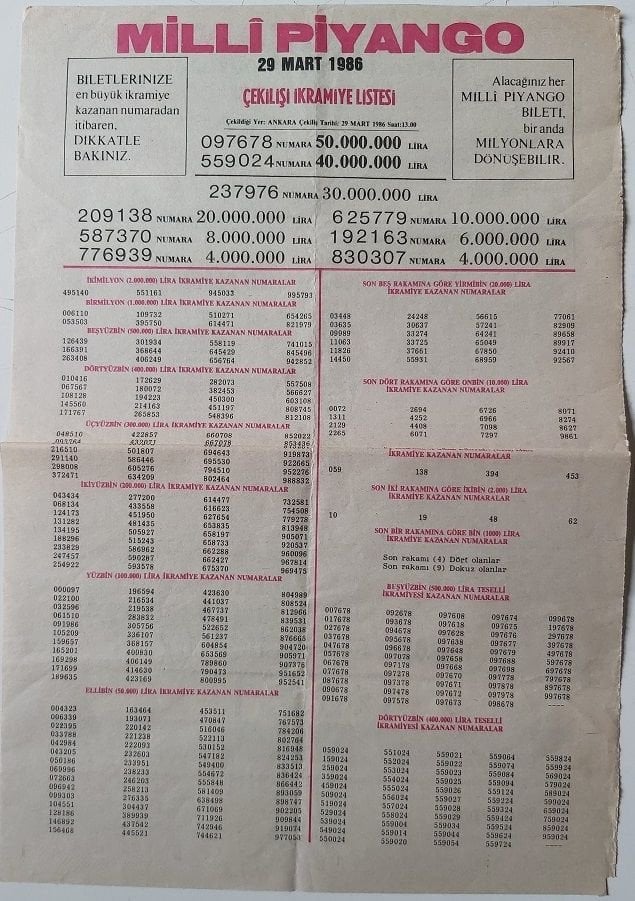 1986 29 Mart Piyango Listesi