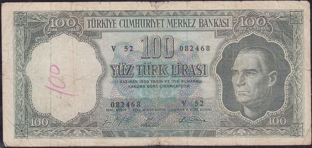 5.Emisyon 5.Tertip 100 Lira V52 082468 Çok Temiz