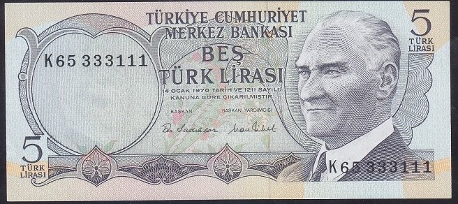6.EMİSYON 2.TERTİP 5 LİRA K65 333111 ÇİLALTI ÇİL