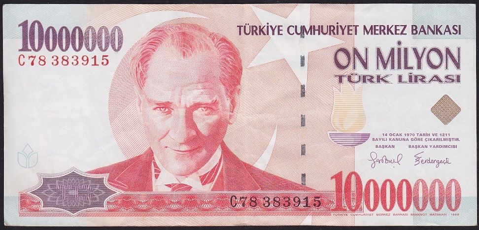 7.Emisyon 10 000 000 Lira C78 383915 Çok Temiz+