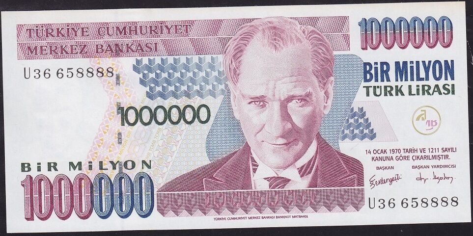 7.Emisyon 3.Tertip 1000000 Lira U36 658888 Çil