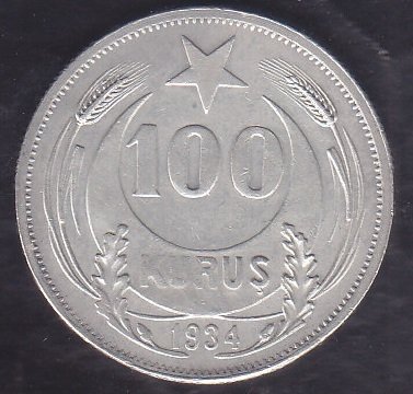 1934 Yılı 100 Kuruş Gümüş Çilaltı
