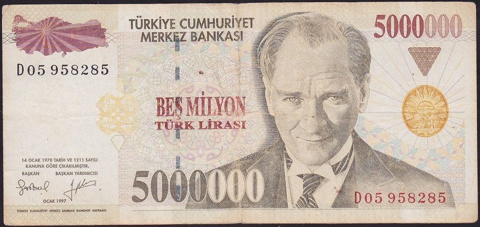 7.Emisyon 5 000 000 Lira D05 958285 Çok Temiz
