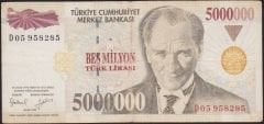 7.Emisyon 5 000 000 Lira D05 958285 Çok Temiz