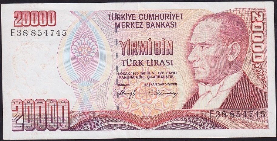 7.Emisyon 1.Tertip 20000 Lira E38 854745 Ççt Çilaltı