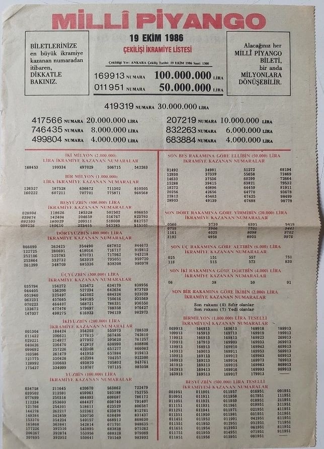 1986 19 Ekim Piyango Listesi