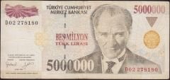 7.Emisyon 5 000 000 Lira D02 278180 Çok Temiz