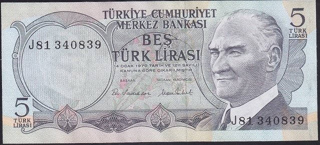 6.EMİSYON 2.TERTİP 5 LİRA J81 340839 ÇİLALTI (KAT YOK DALGALANMA VAR)