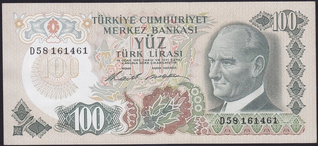 6.EMİSYON 1.TERTİP 100 LİRA D58 161461 ÇİLALTI ( DÜZLEME VAR )
