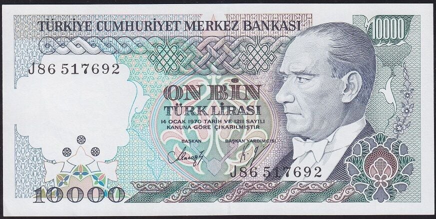 7.Emisyon 4.Tertip 10000 Lira J86 517692 Çilaltı