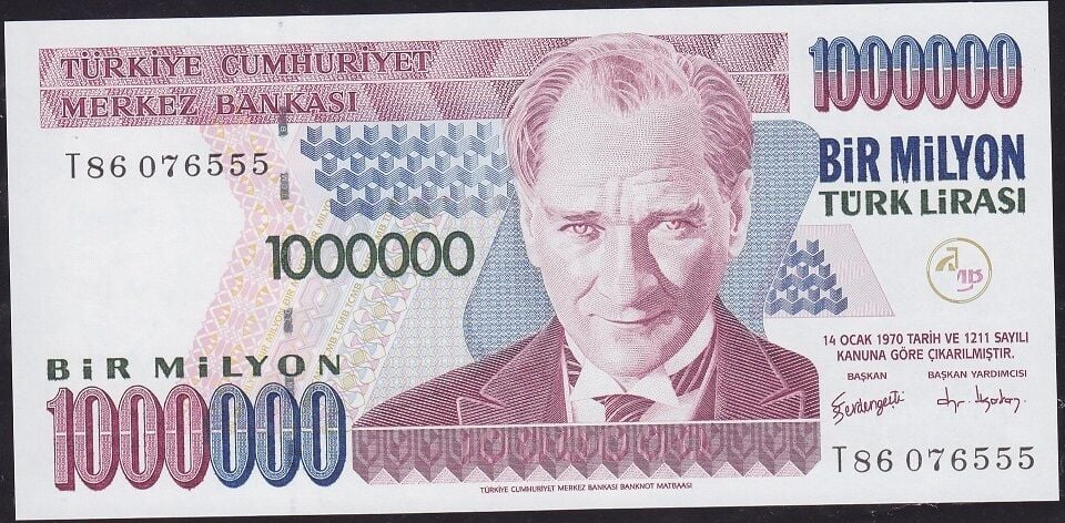 7.Emisyon 3.Tertip 1.000.000 Lira T86 076555 Çil