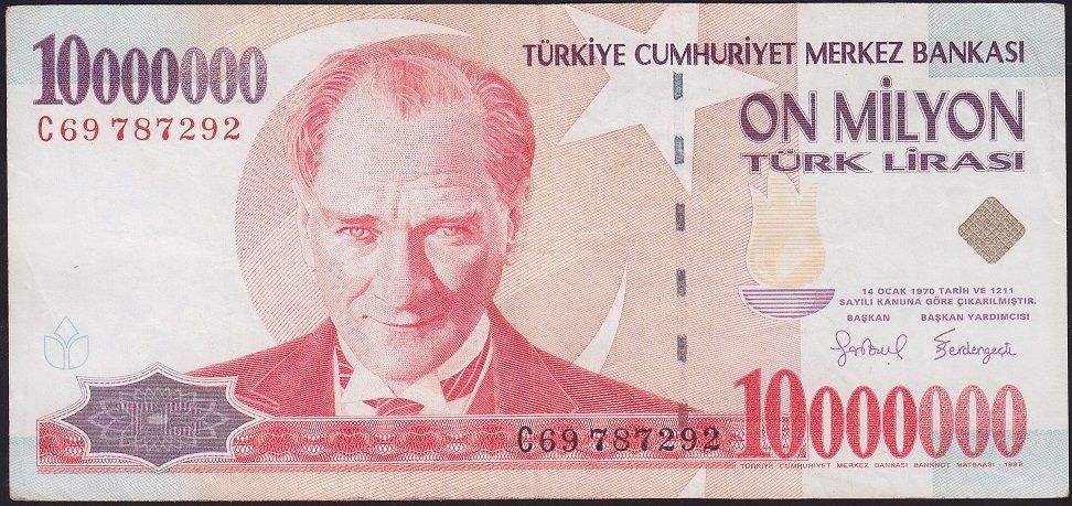 7.Emisyon 10 000 000 Lira C69 787292 Çok Temiz+