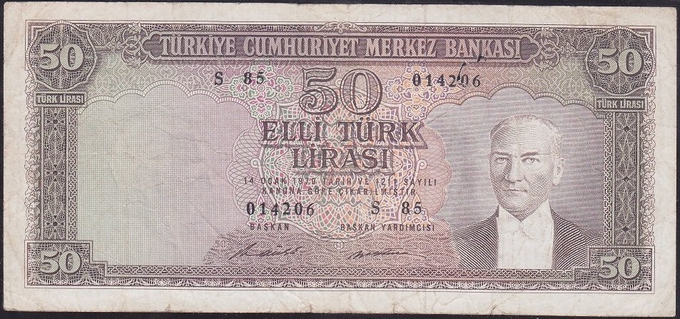 5.EMİSYON 7.TERTİP 50 LİRA S85 014206 TEMİZ