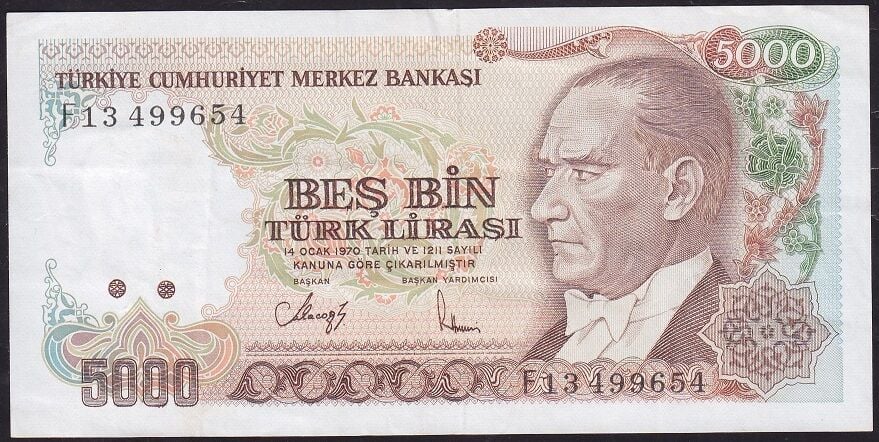 7.Emisyon 3.Tertip 5000 Lira F13 499654 Çok Temiz+