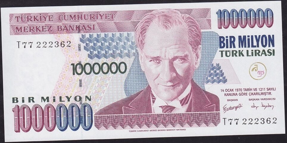 7.Emisyon 3.Tertip 1.000.000 Lira T77 222362 Çilaltı Çil