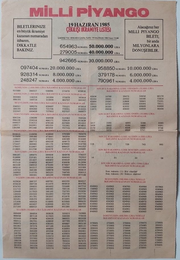 1985 19 Haziran Piyango Listesi