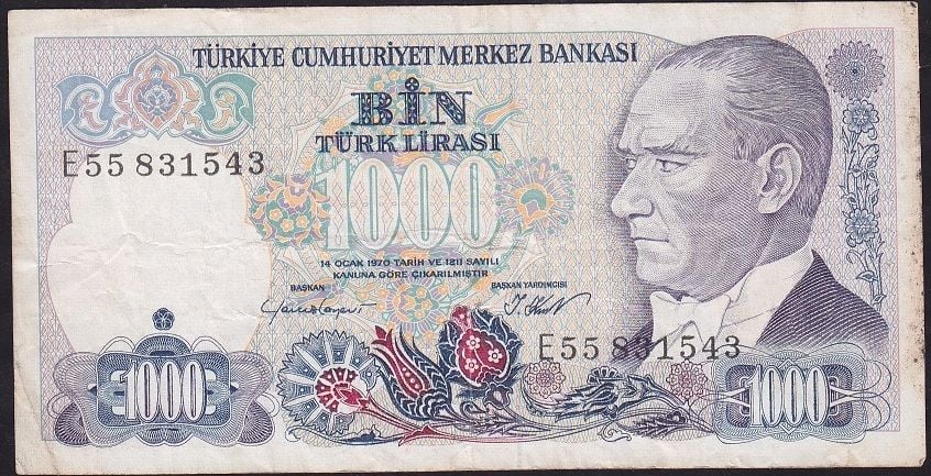 7.Emisyon 1.Tertip 1000 Lira E55 831543 Çok Temiz