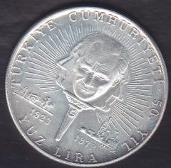 1973 YILI 100 LİRA TÜRKİYE CUMHURİYETİ 50.YIL - GÜMÜŞ eski para alan yerler