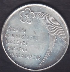 1973 YILI 100 LİRA TÜRKİYE CUMHURİYETİ 50.YIL - GÜMÜŞ eski para alan yerler