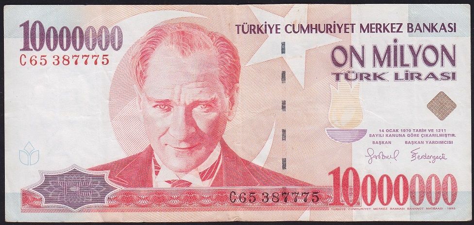 7.Emisyon 10 000 000 Lira C65 387775 Çok Temiz+