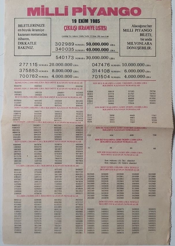 1985 19 Ekim Piyango Listesi