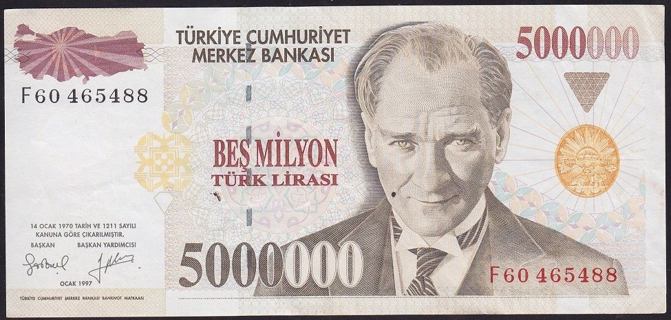 7.Emisyon 5 000 000 Lira F60 465488 Çok Temiz+