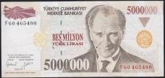 7.Emisyon 5 000 000 Lira F60 465488 Çok Temiz+