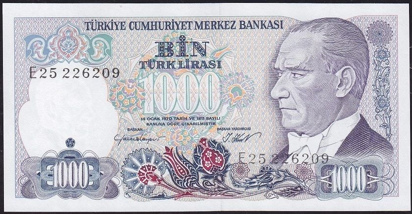 7.Emisyon 1.Tertip 1000 Lira E25 226209 Çil