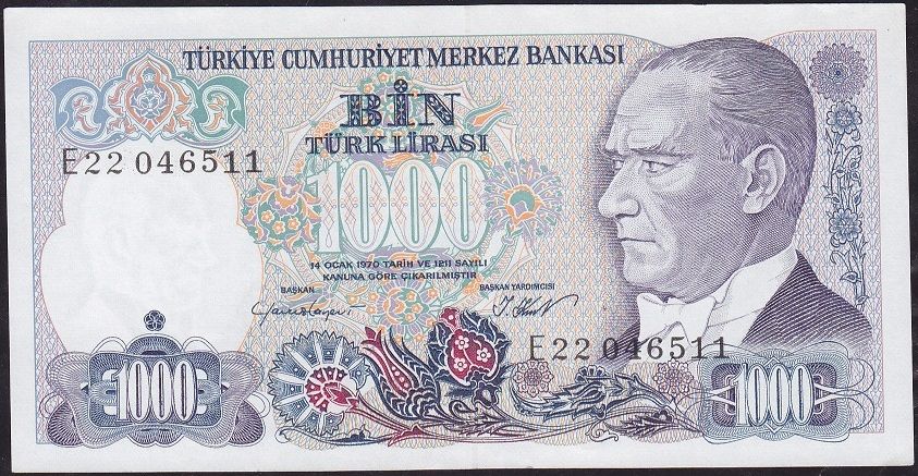 7.Emisyon 1.Tertip 1000 Lira E22 046511 Çil