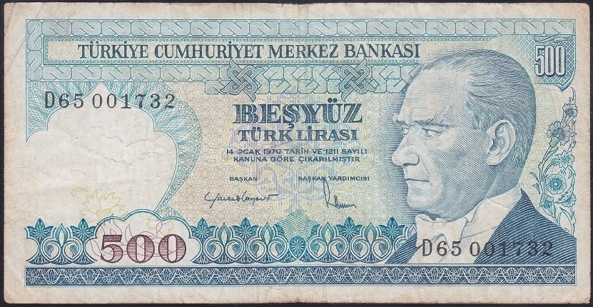 7.Emisyon 2.Tertip 500 Lira D65 001732 Çok Temiz