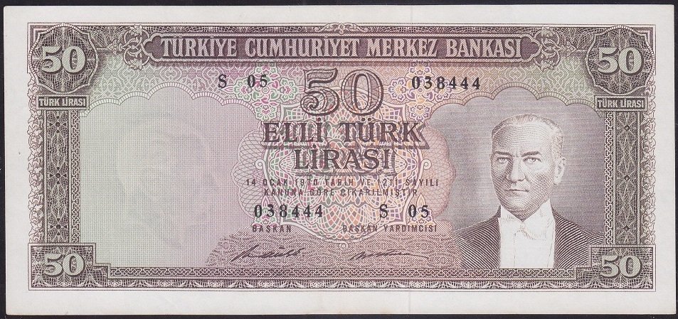 5.EMİSYON 7.TERTİP 50 LİRA S05 038444 ÇOK ÇOK TEMİZ + ( ORTA KAT YERİ DÜZELTİLMİŞ)