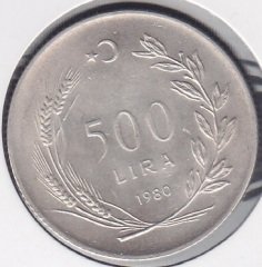 1980 YILI 500 LİRA TÜRKİYE CUMHURİYETİ  FAO KÖYLÜ KADININI KALKINDIRMA GÜMÜŞ ÇİL eski para alan yerler