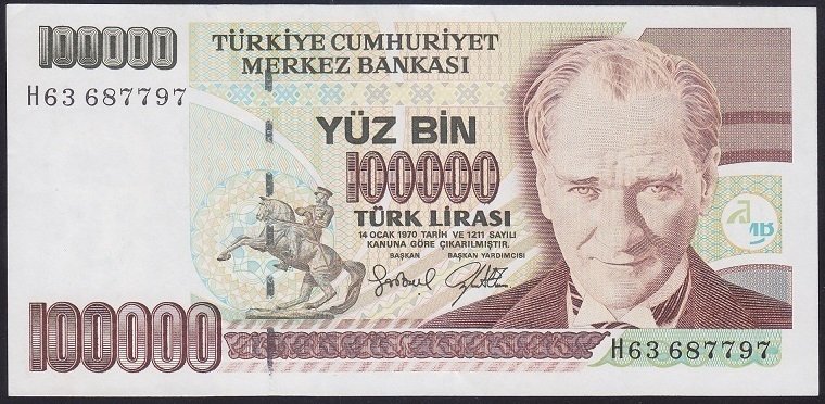 7.EMİSYON 3.TERTİP 100000 LİRA H63 687797 ÇÇT +