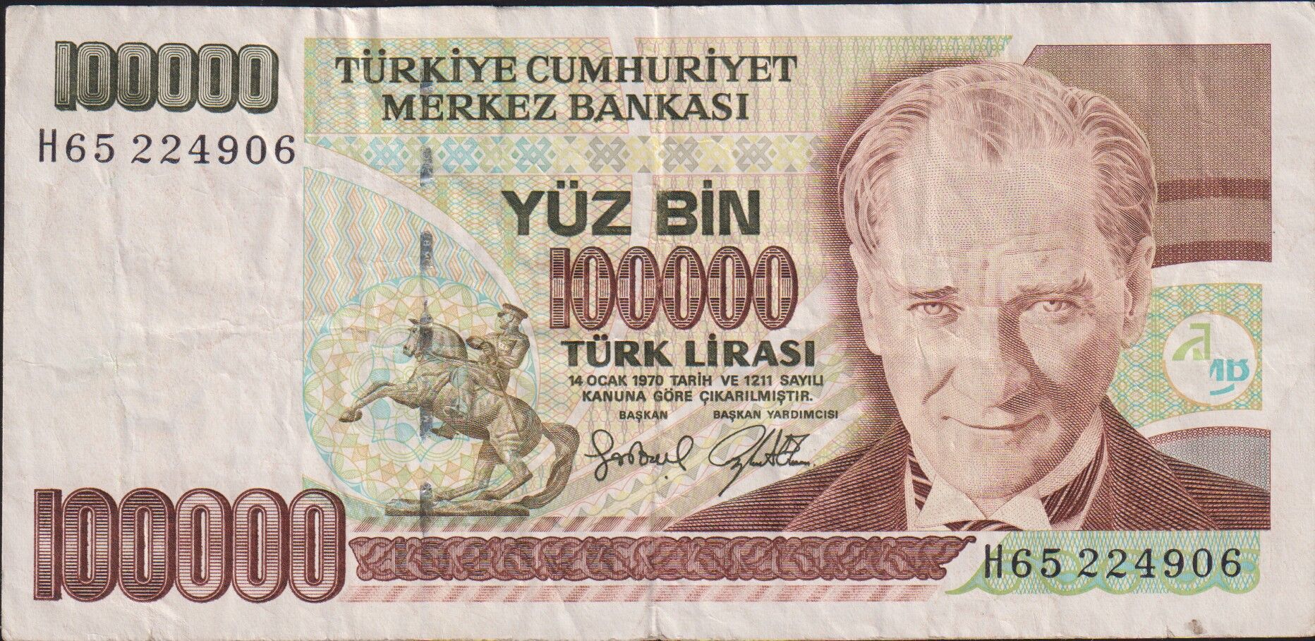 7.Emisyon 3.Tertip 100000 Lira H65 224906 Çok Temiz