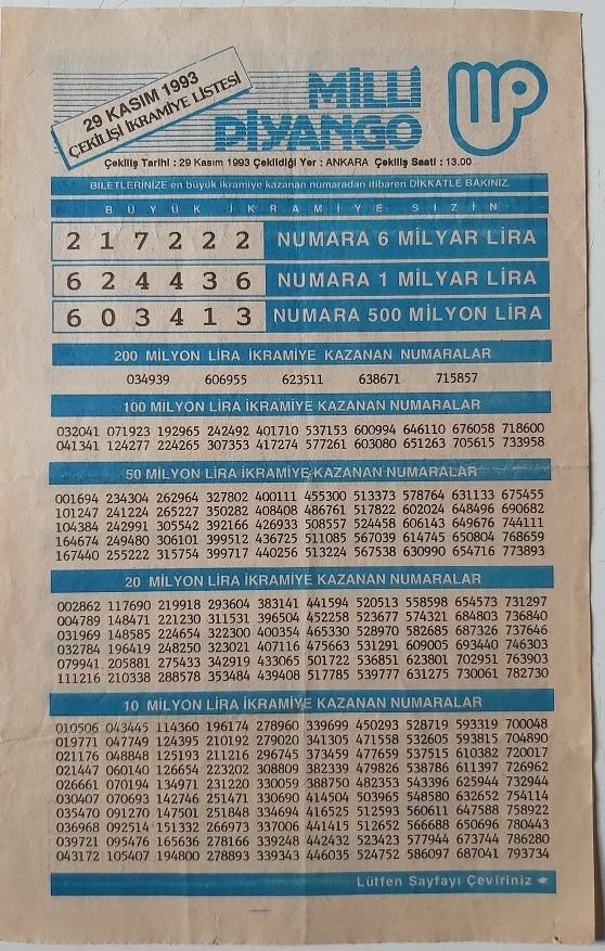 1993 29 Kasım Piyango Listesi