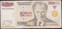 7.Emisyon 5 000 000 Lira A90 269544 Çok Temiz