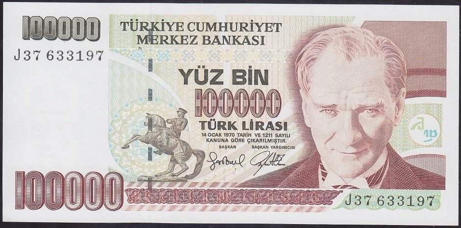 7.EMİSYON 3.TERTİP 100000 LİRA J37 633197 ÇİL